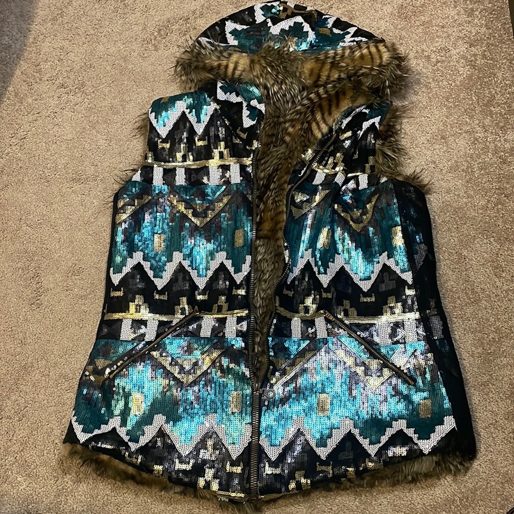 Tribal warrior sequin faux fur vest by Yoshi Zen